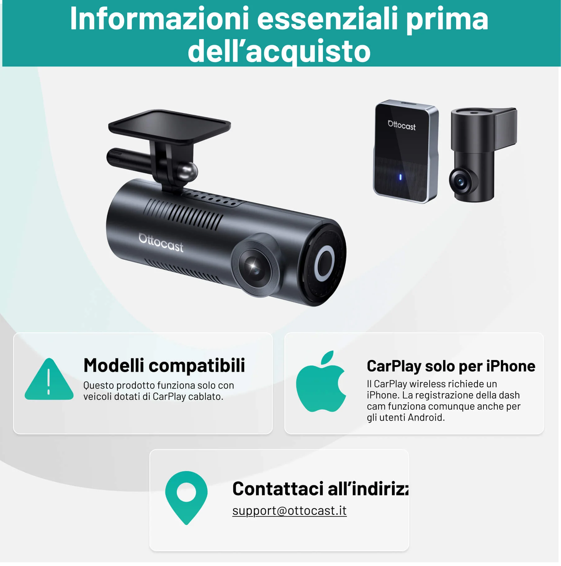 OttoSafe Cam 2 in 1 Dash Cam per Auto con CarPlay Wireless - Image 2